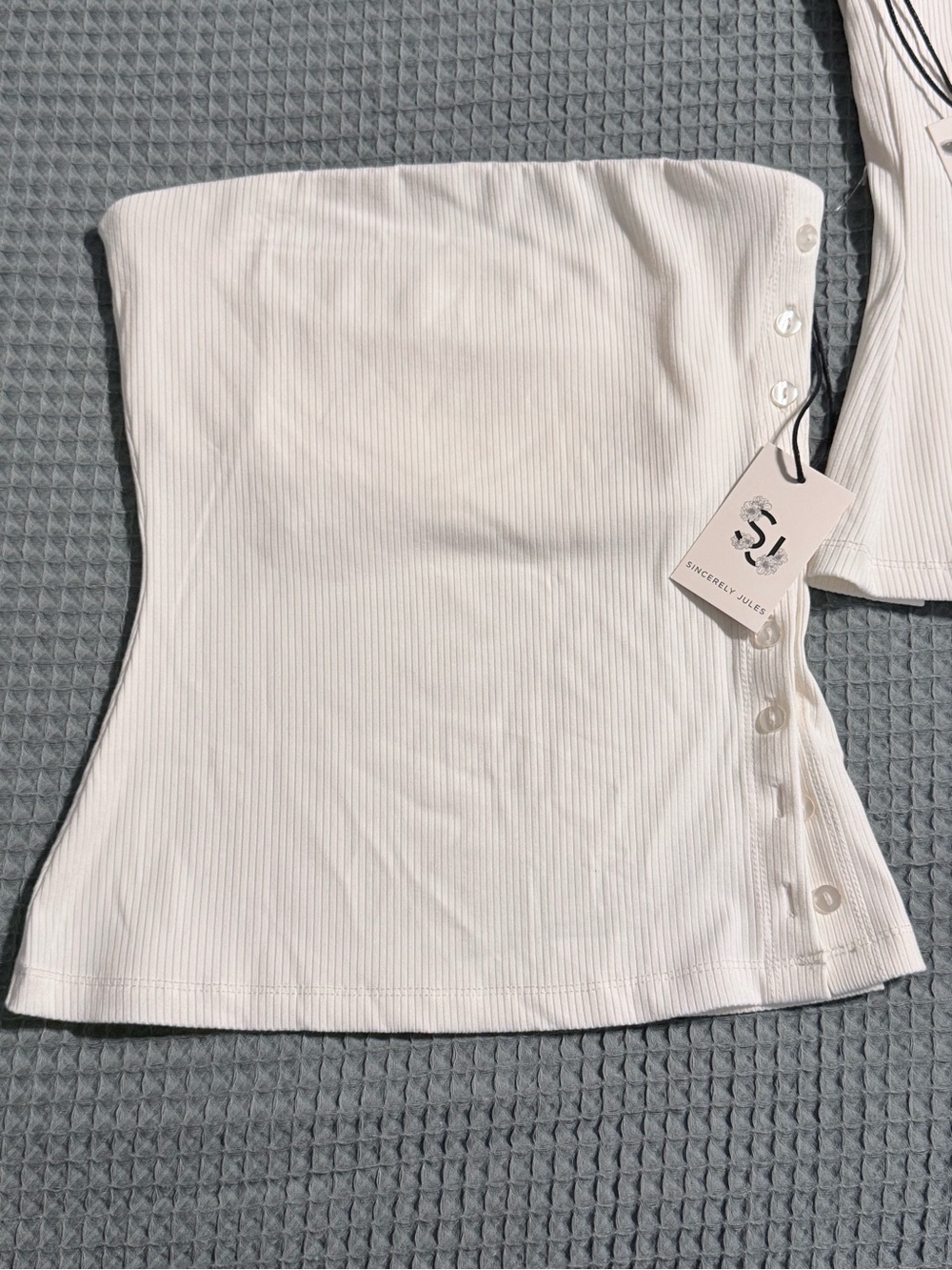 Sincerly Jules Cream Ribbed Strapless Button-Accent Top